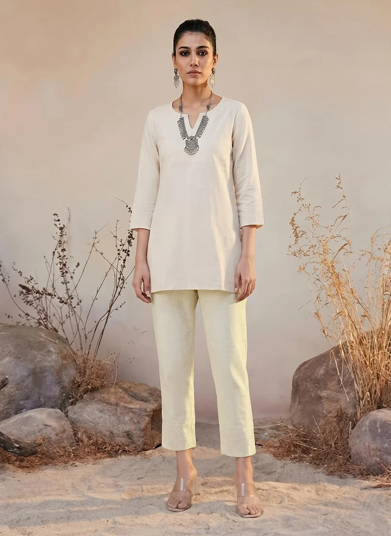 globus Globus Women Off-White High Rise Schiffli Hem Straight Fit Ethnic Pants